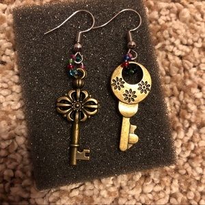 Handmade metal floral key glass beaded earrings